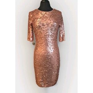 BCBG MAXAZRIA Rose Gold Sequin Bodycon Stretch Party Dress 1/2 Sleeve. Size Med
